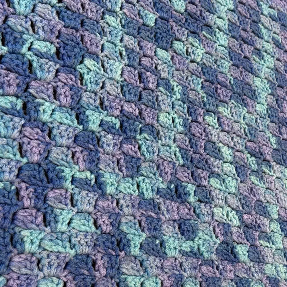 Vintage Crocheted Box Stitch Afghan Throw 60x60 Mermaid Purple Blue Handmade